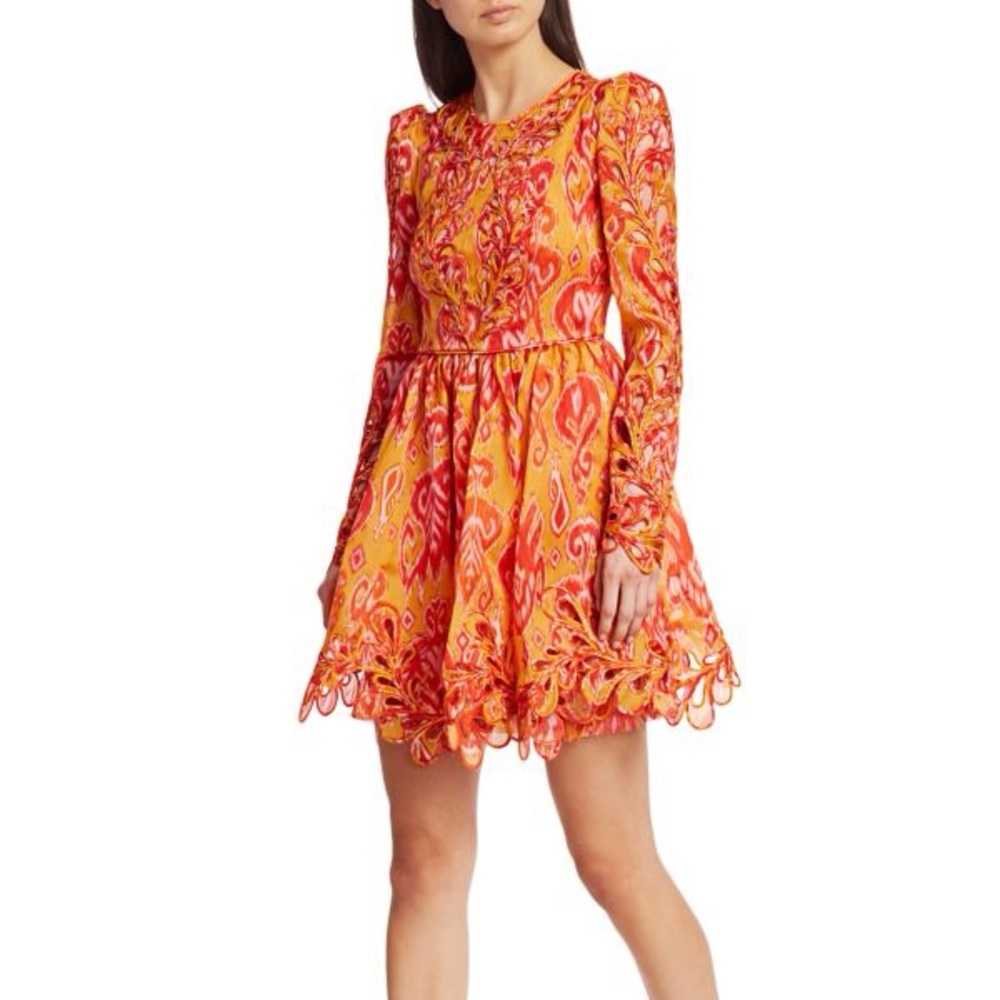 Zimmerman Brightside Rouleaux Puff-Sleeve Mini Dress 0 Golden Ikat